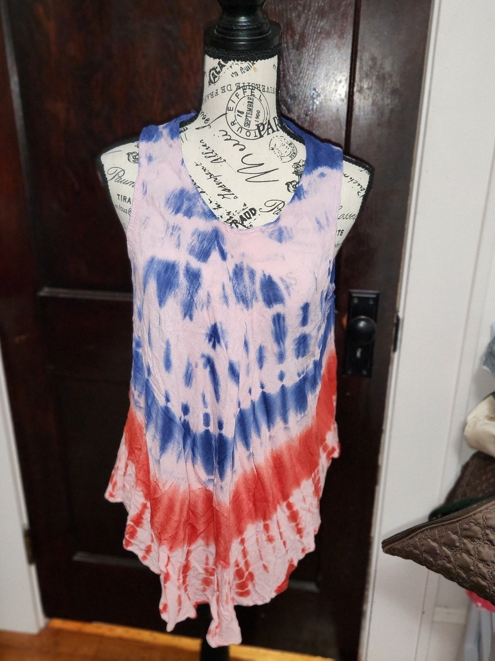 Tie-Dye Sleeveless V-Neck Tank Top/Coverup in Blue, Pink & Red 1X